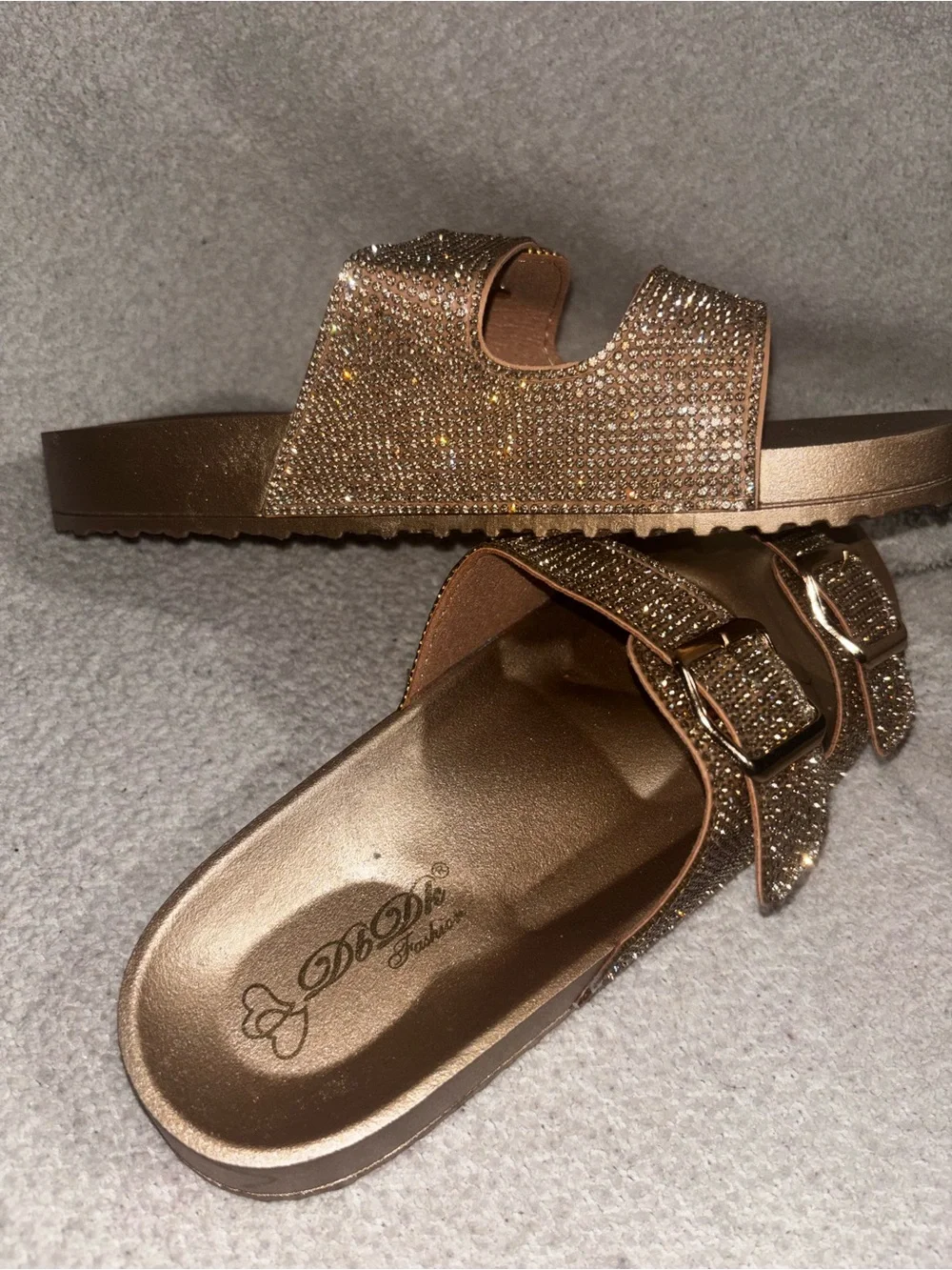 Embellished Double-Buckle Slide Sandals in Champagne